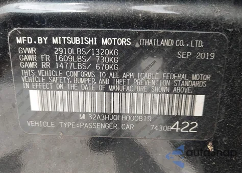 2020 Mitsubishi Mirage Es z USA, uszkodzony, nr VIN ML32A3HJ0LH000819